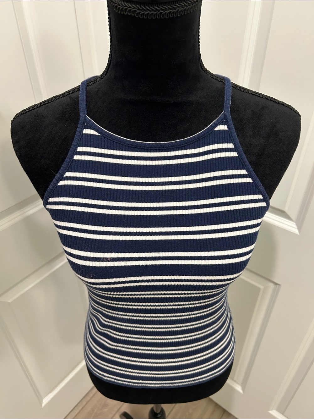Ambiance Women’s Navy and White Striped Ribbed Halter Tank Large